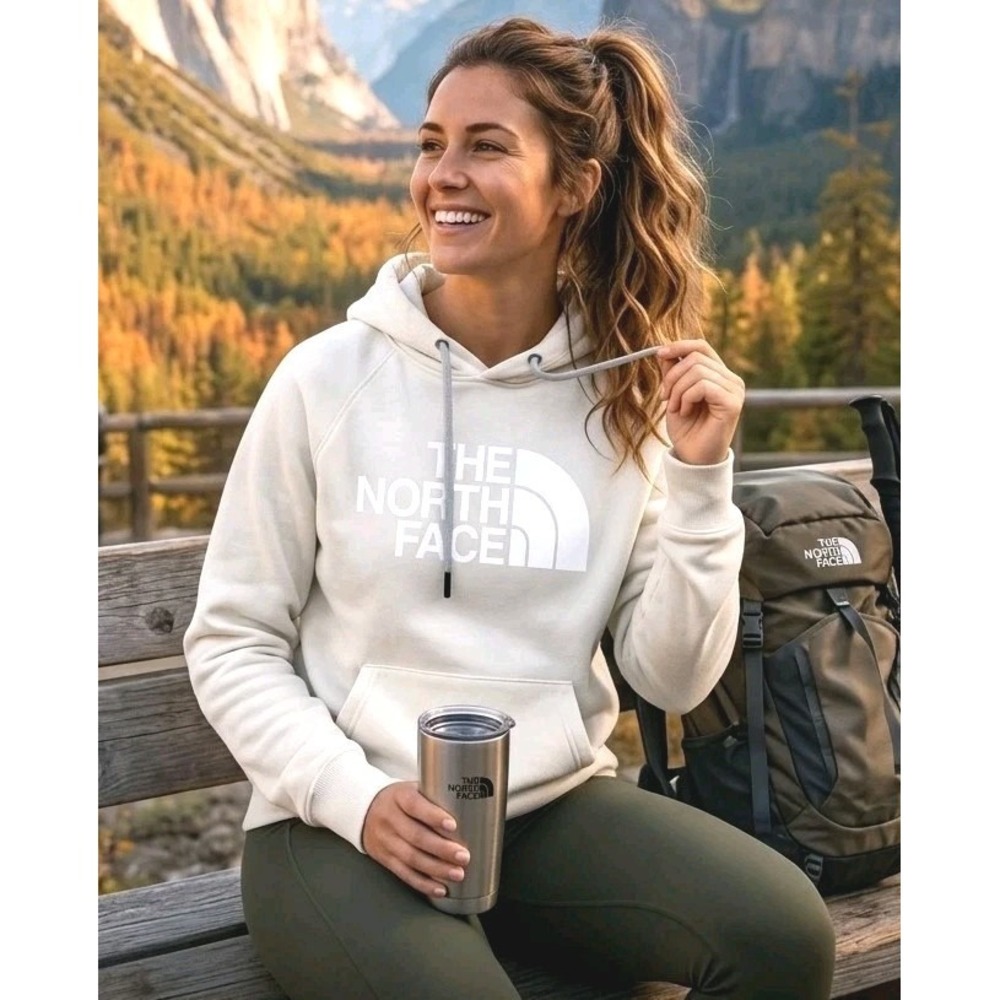 The North Face Hoodie Womens Medium White Graphic Logo Pullover Sweatshirt FA22